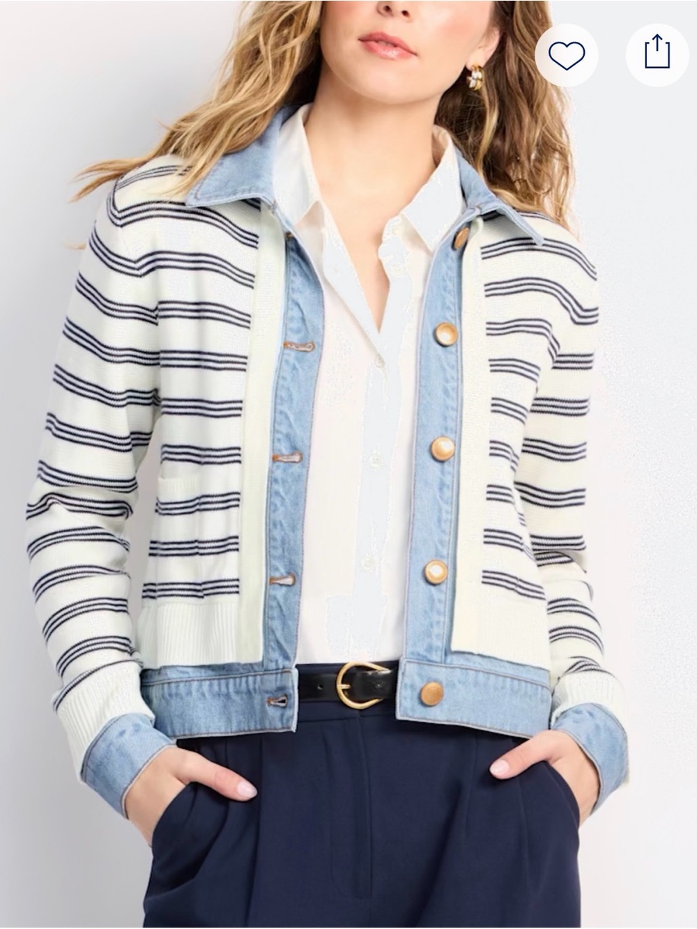 Democracy Striped Cream & Navy Mixed-Media Denim Jacket